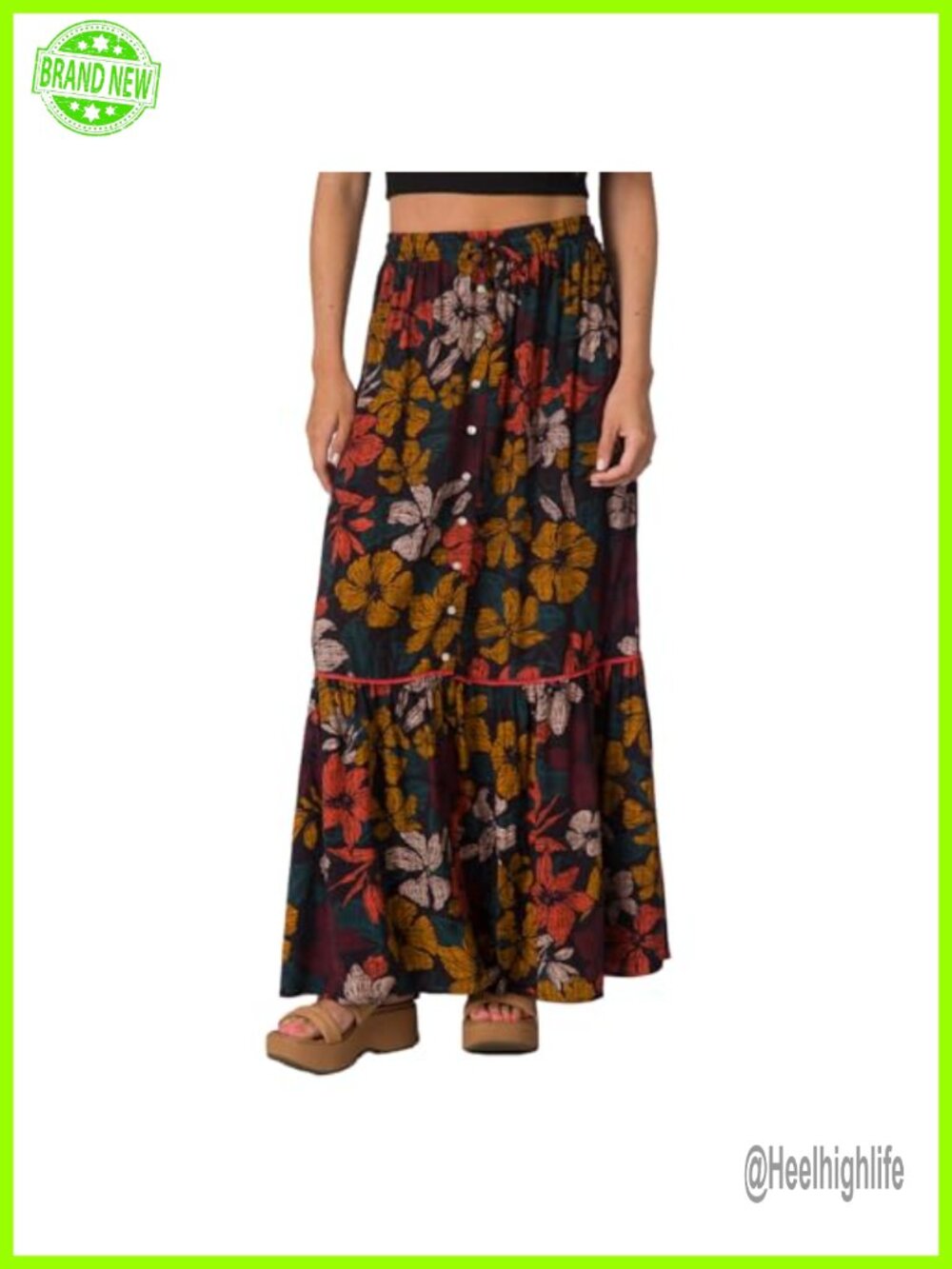 Tiered Maxi Skirt with Button Front and Elastic Waist
